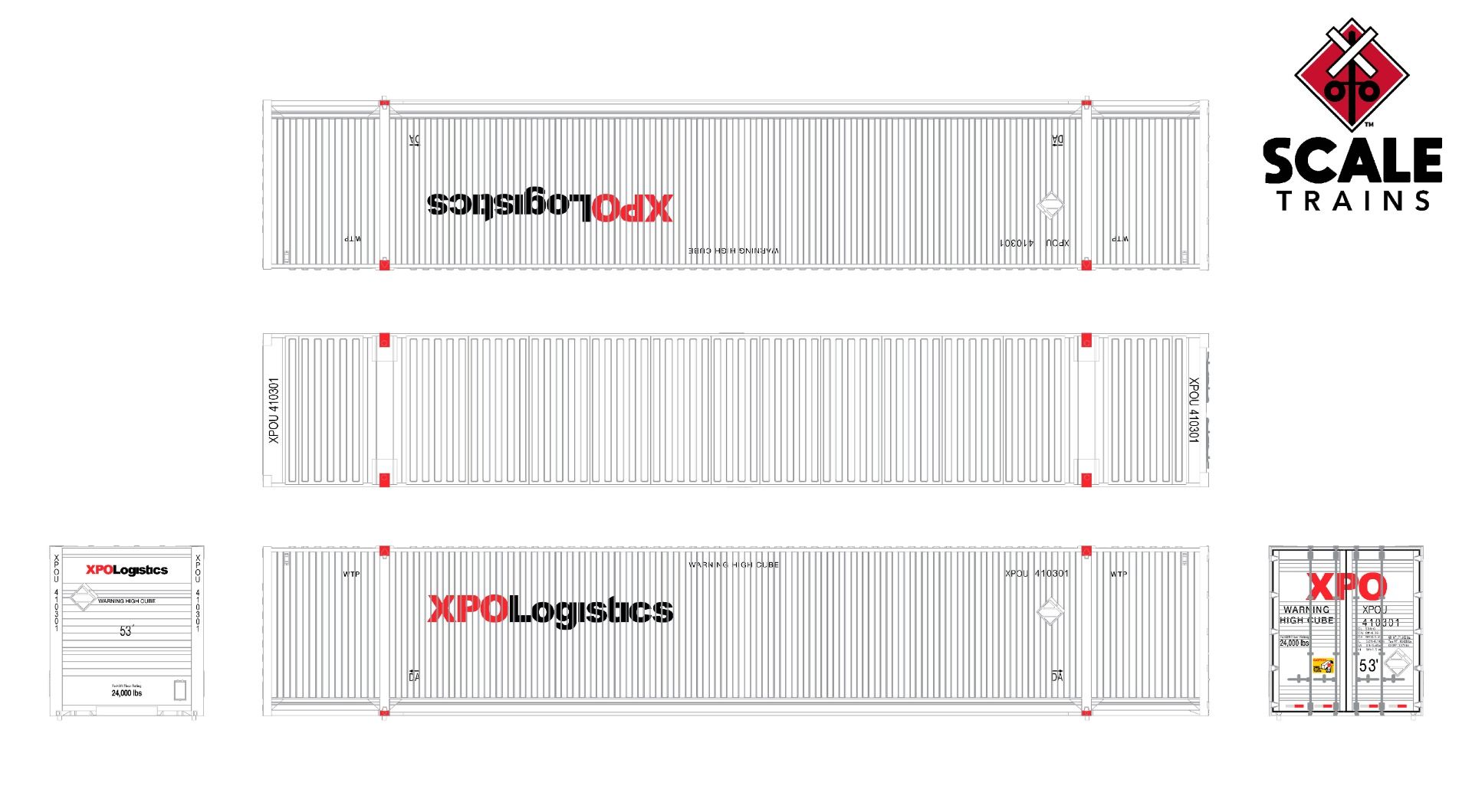 ScaleTrains Operator N SXT11664 CIMC 53' Corrugated Dry Container XPO Logistics XPOU 3-Pack