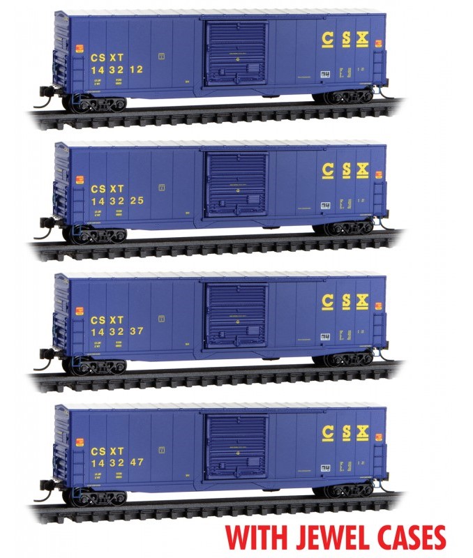Micro Trains Line N 983 00 220 50' Boxcar with 10' Door No Roofwalk CSX 4-Pack - Jewel Cases