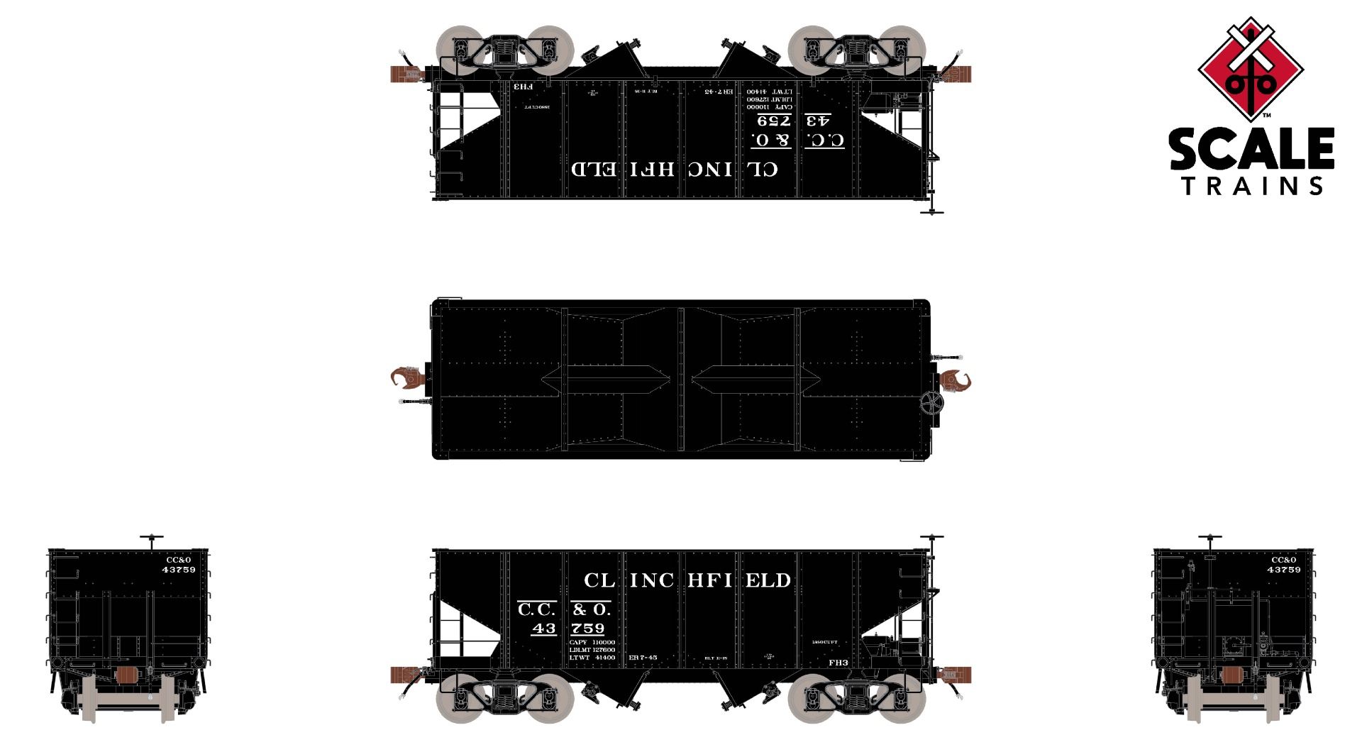 ScaleTrains Fox Valley Models HO SXT15014 USRA 55-Ton 2-Bay Open Hopper Clinchfield CC&O #43827