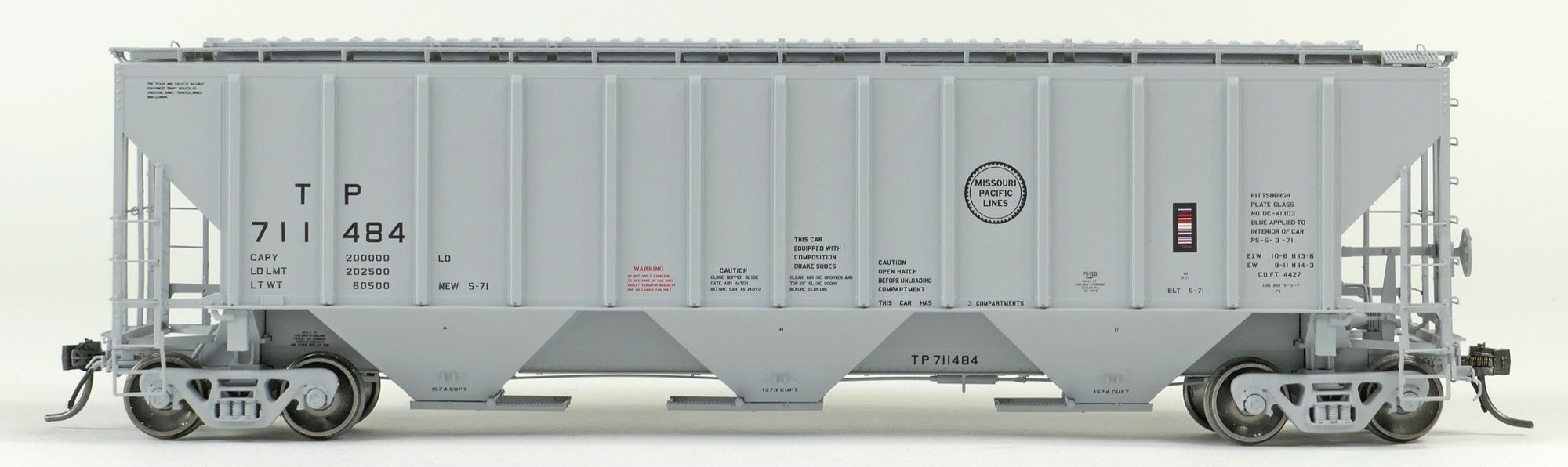 Tangent Scale Models HO 21038-06 Pullman-Standard PS-2 4427 High Side Covered Hopper Texas and Pacific 'Delivery Gray 5-1971' TP #711597