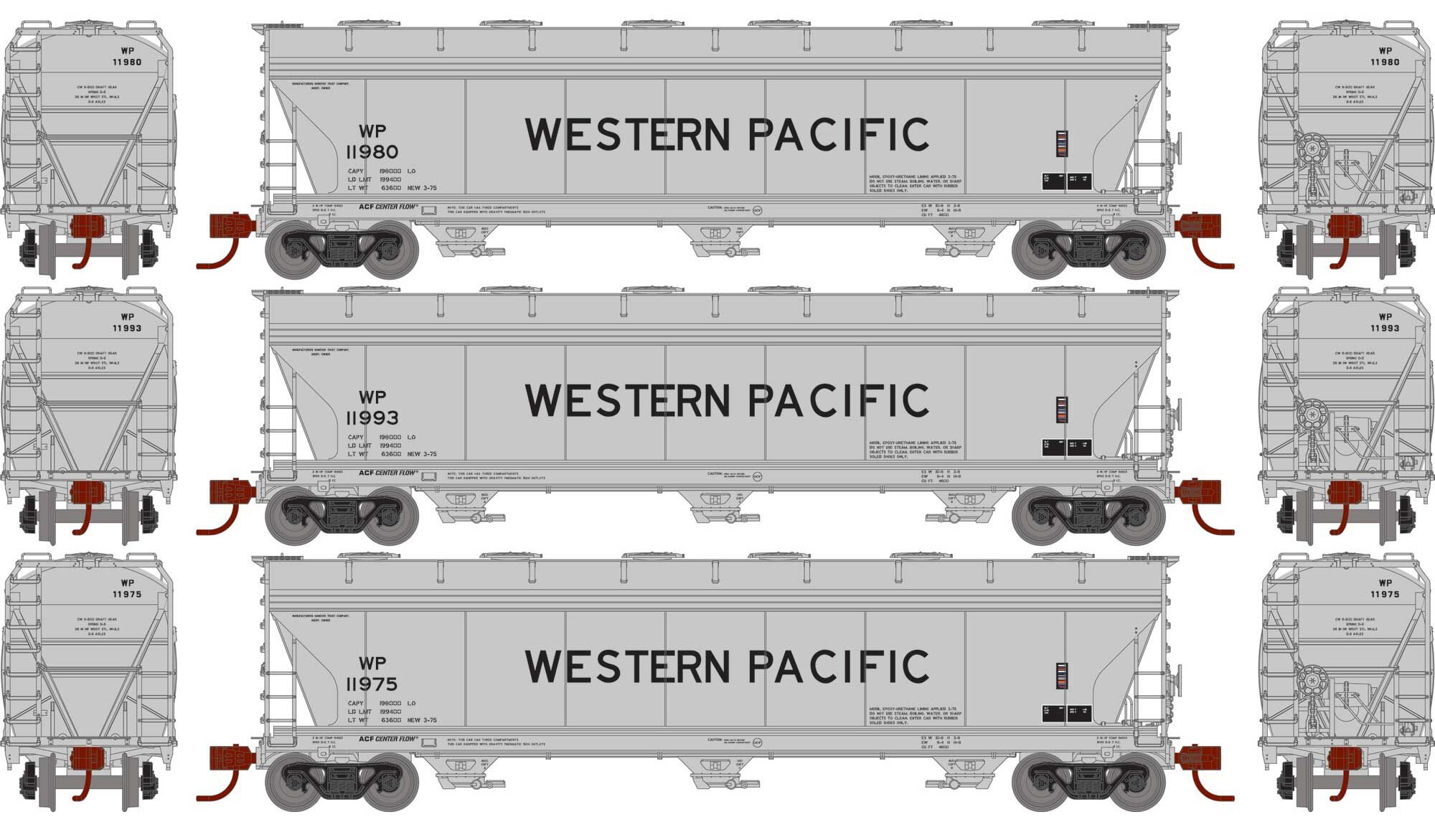 Athearn N ATH12955 ACF 4600 3-Bay Center Flow Hopper Western Pacific WP 3-Pack