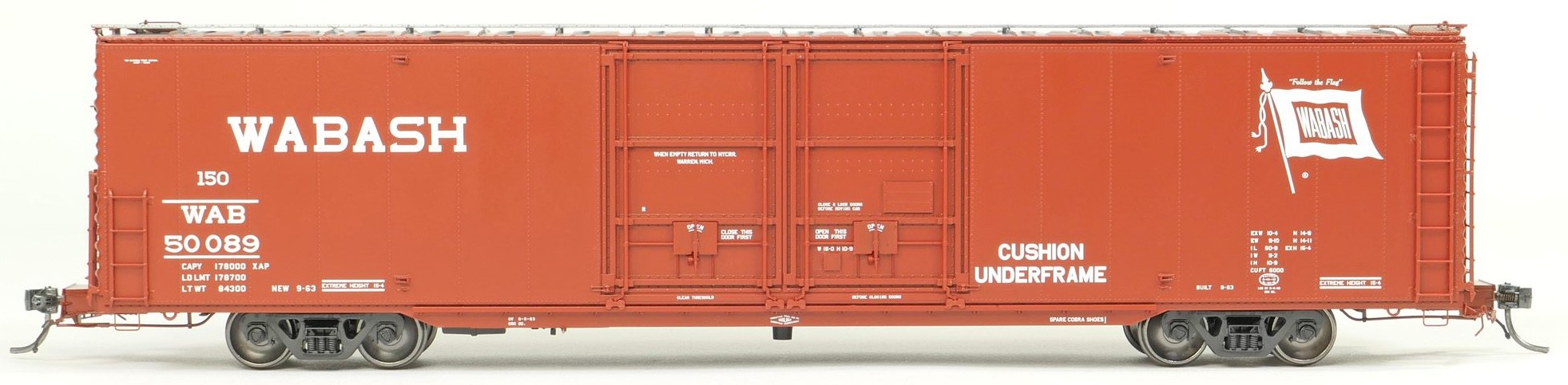 Tangent Scale Models HO 33013-03 Greenville 6,000CuFt 60' Double Door Box Car Wabash 'Delivery Red 9-1963' WAB #50085