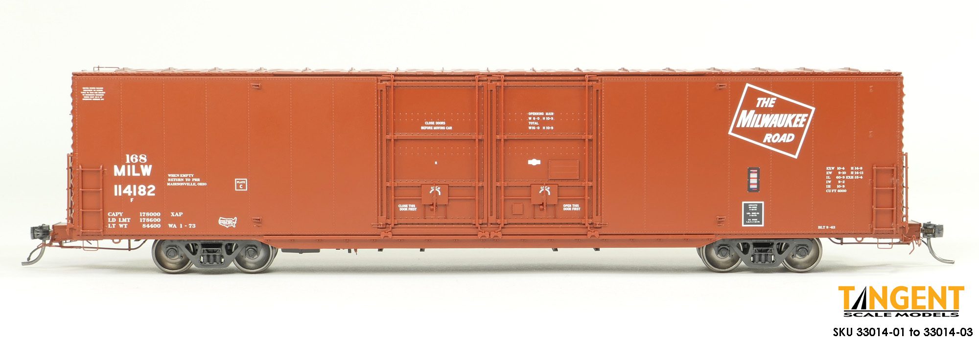 Tangent Scale Models HO 33014-01 Greenville 6,000CuFt 60' Double Door Box Car Milwaukee Road 'Red Repaint 1973+' MILW #114177
