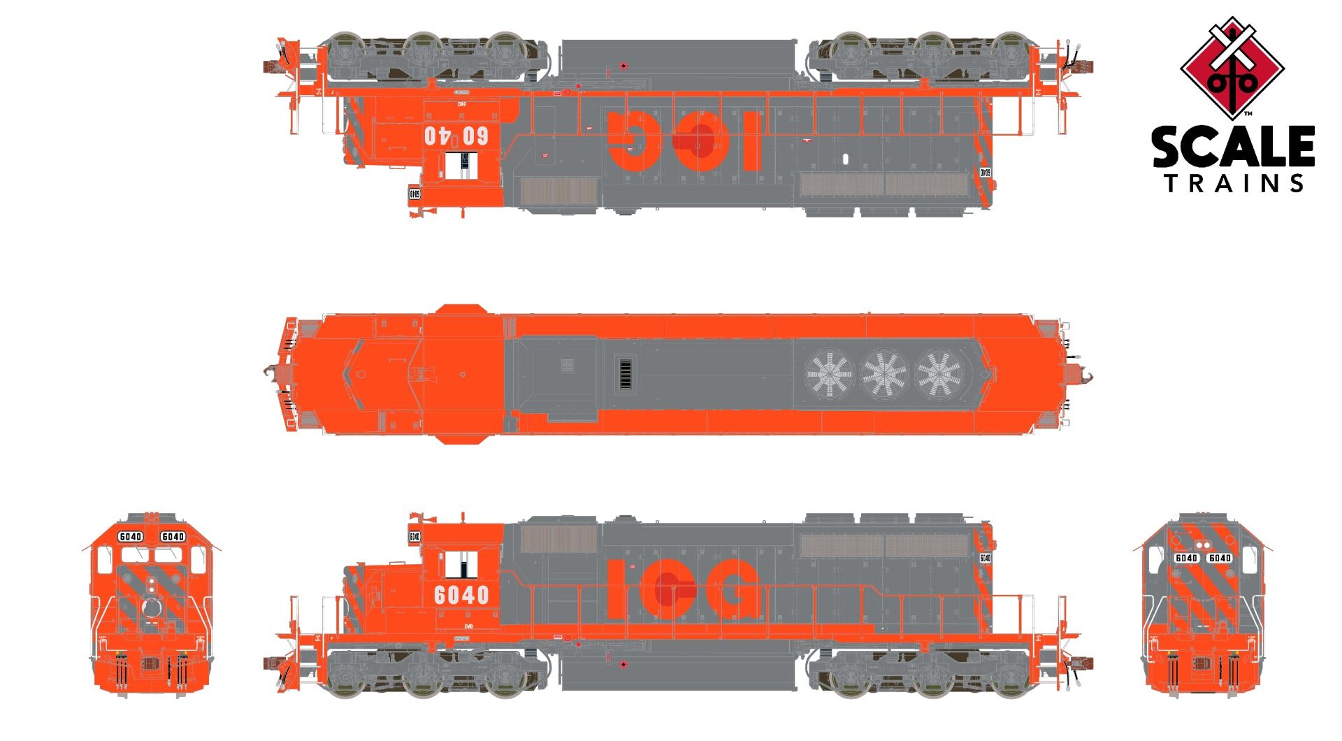 ScaleTrains Rivet Counter HO SXT39037 DCC/ESU Loksound 5 Equipped EMD SD40-2 Locomotive EMD 'ex-ICG Orange & Gray Patch' EMD #6040