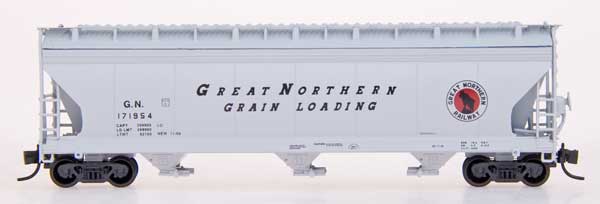 Intermountain N 67051-20 ACF 4650 Cu. Ft. 3 Bay Covered Hopper Great Northern 'Slanted Lettering, red Rocky Logo' GN #171773