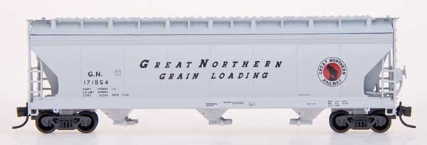 Intermountain N 67051-24 ACF 4650 Cu. Ft. 3 Bay Covered Hopper Great Northern 'Slanted Lettering, red Rocky Logo' GN #171975