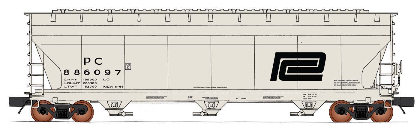 Intermountain N 67096-03 ACF 4650 Cu. Ft. 3 Bay Covered Hopper Penn Central Large 'Worms' Logo PC #886784