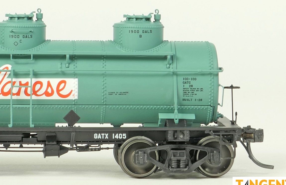 Tangent Scale Models HO 11510-05 General American 1928-Design 6000 Gallon 3-Compartment Tank Car GATX 'Celanese'  Green 1959+ GATX #1405