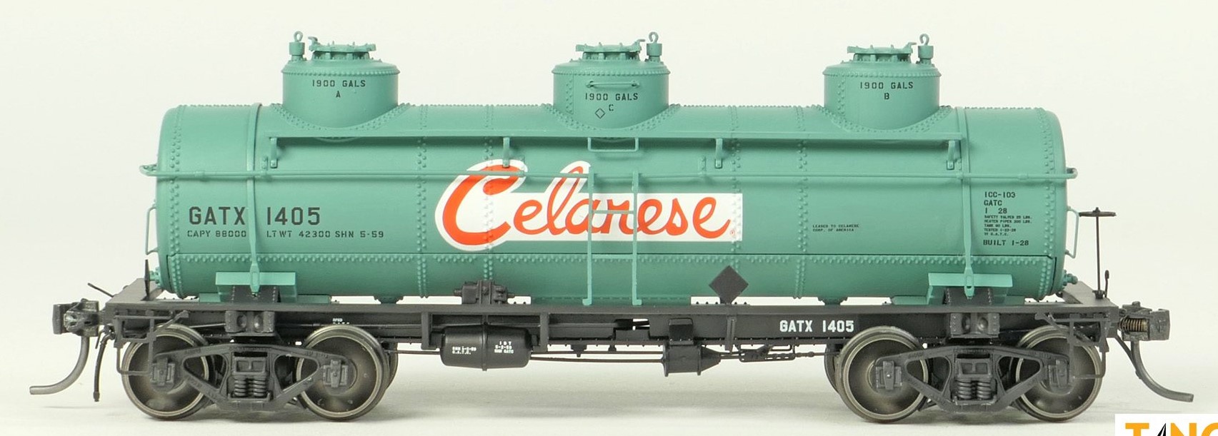 Tangent Scale Models HO 11510-05 General American 1928-Design 6000 Gallon 3-Compartment Tank Car GATX 'Celanese'  Green 1959+ GATX #1405
