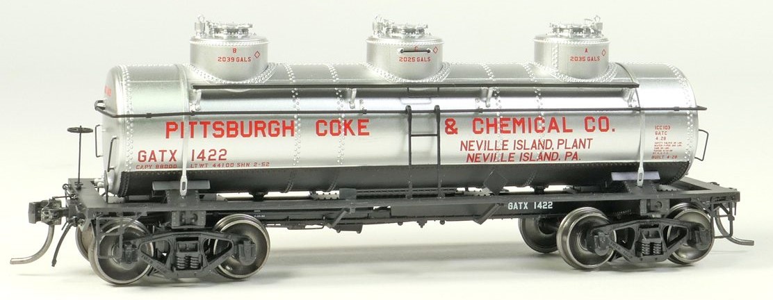 Tangent Scale Models HO 11523-01 General American 1928-Design 6000 Gallon 3-Compartment Tank Car 'Pittsburg Coke & Chemical 1952+' GATX #1422
