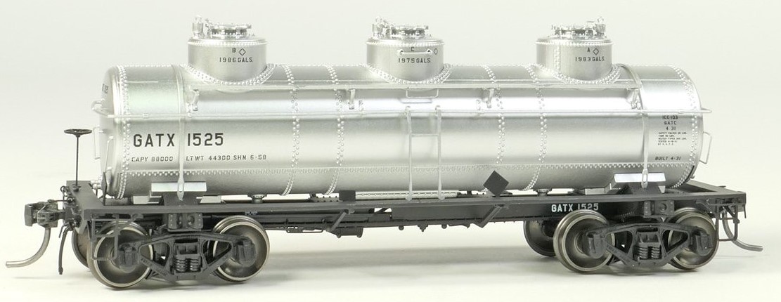 Tangent Scale Models HO 11524-01 General American 1928-Design 6000 Gallon 3-Compartment Tank Car GATX 'Silver Lease 1958+' GATX #1525