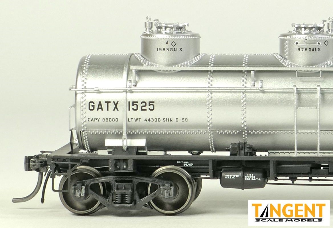 Tangent Scale Models HO 11524-01 General American 1928-Design 6000 Gallon 3-Compartment Tank Car GATX 'Silver Lease 1958+' GATX #1525