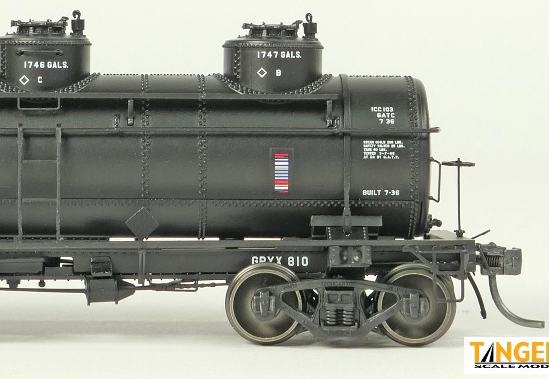 Tangent Scale Models HO 11525-01 General American 1928-Design 6000 Gallon 3-Compartment Tank Car GRYX 'John H Grace Black Lease 1968+' GRYX #810