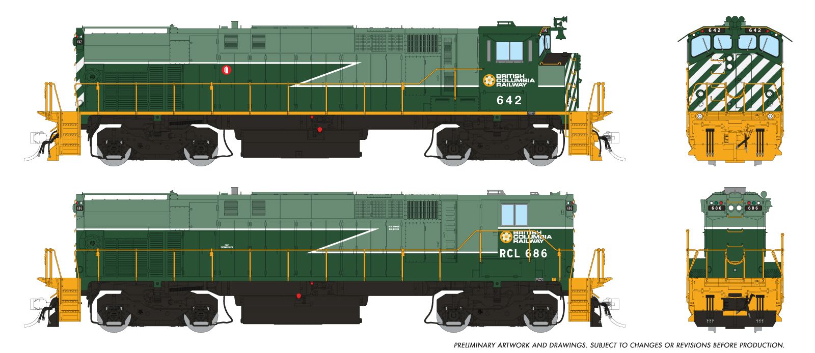 Rapido Trains Inc HO 33028 DCC Ready Montreal Locomotive Works MLW M420 / M420B Locomotive Set British Columbia Railway 'Green Lightning Stripe Scheme' BCR #646, 682