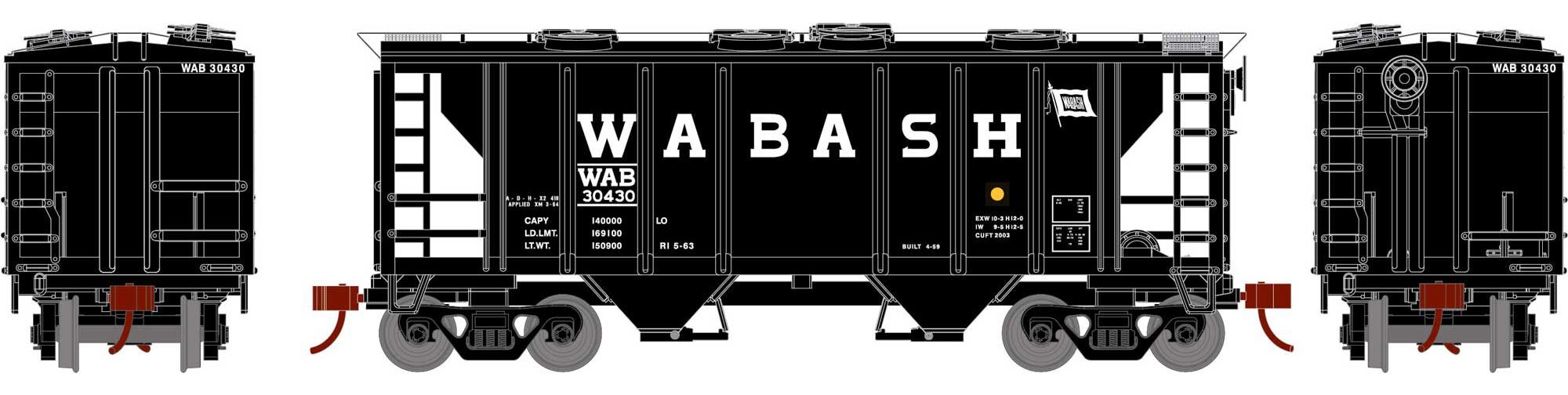 Athearn HO ATH15424 PS-2 2003 2-Bay Covered Hopper Wabash WAB #30430