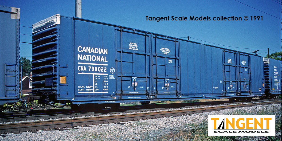 Tangent Scale Models HO 25524-06 Greenville 86′ Quad Plug Door Box Car Canadian National 'Repaint 1991 Blue' CNA #798102
