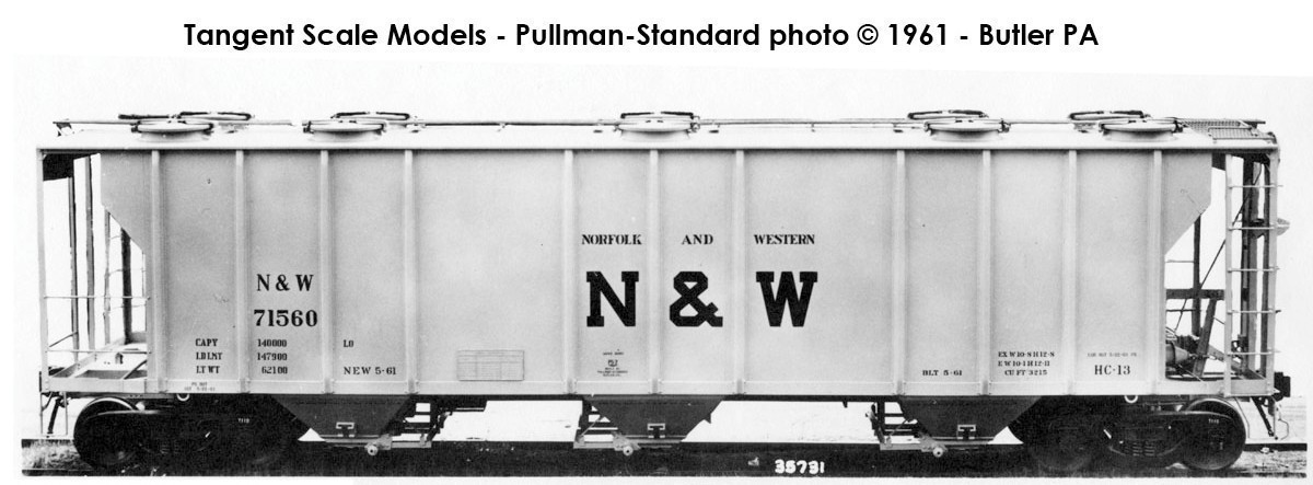 Tangent Scale Models HO 35013-11 PS-2 3215CuFt Covered Hopper Norfolk and Western 'Delivery Gray HC13 5-1961' NW #71592