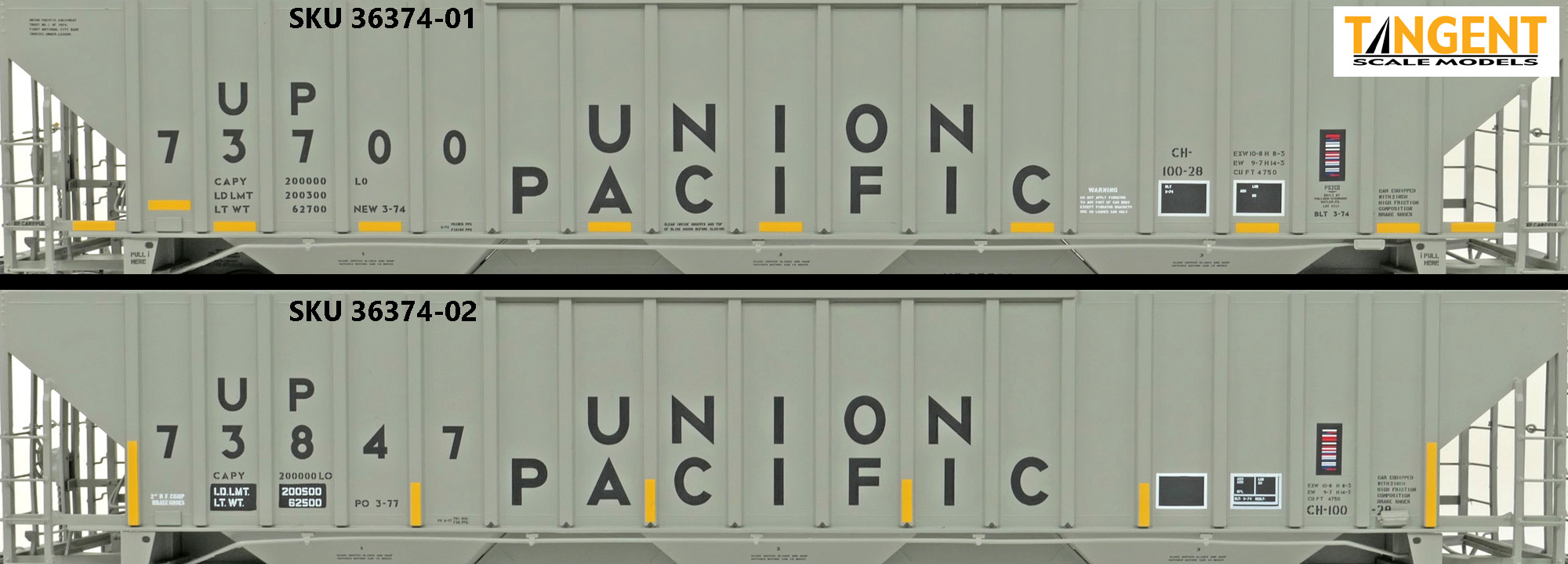 Tangent Scale Models HO 36374-01 PS4750 Covered Hopper Union Pacific 'CH-100-28 With Conspicuity' UP #73700