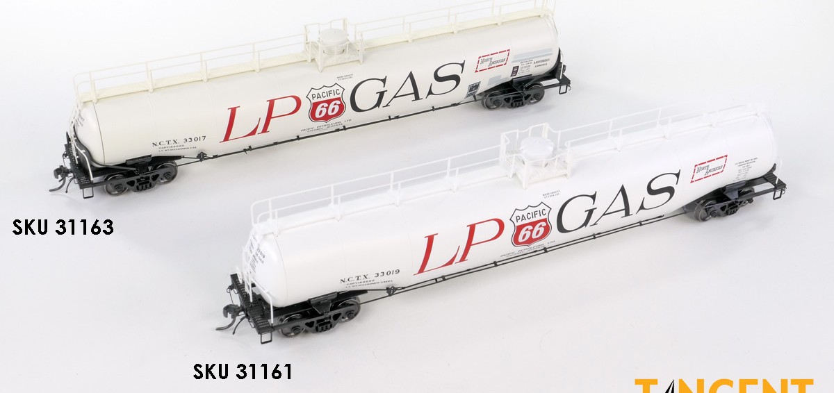 Tangent Scale Models HO 31161-03 NACC 1963 Design 33,000 Gallon Dual Diameter LPG/AA Tank Car NCTX 'Pacific 66 Calgary AB 1964' NCTX #33020