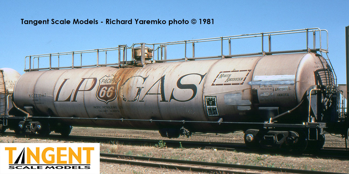Tangent Scale Models HO 31163-01 NACC 1963 Design 33,000 Gallon Dual Diameter LPG/AA Tank Car NCTX 'Pacific 66 Calgary AB 1979+' NCTX #33015