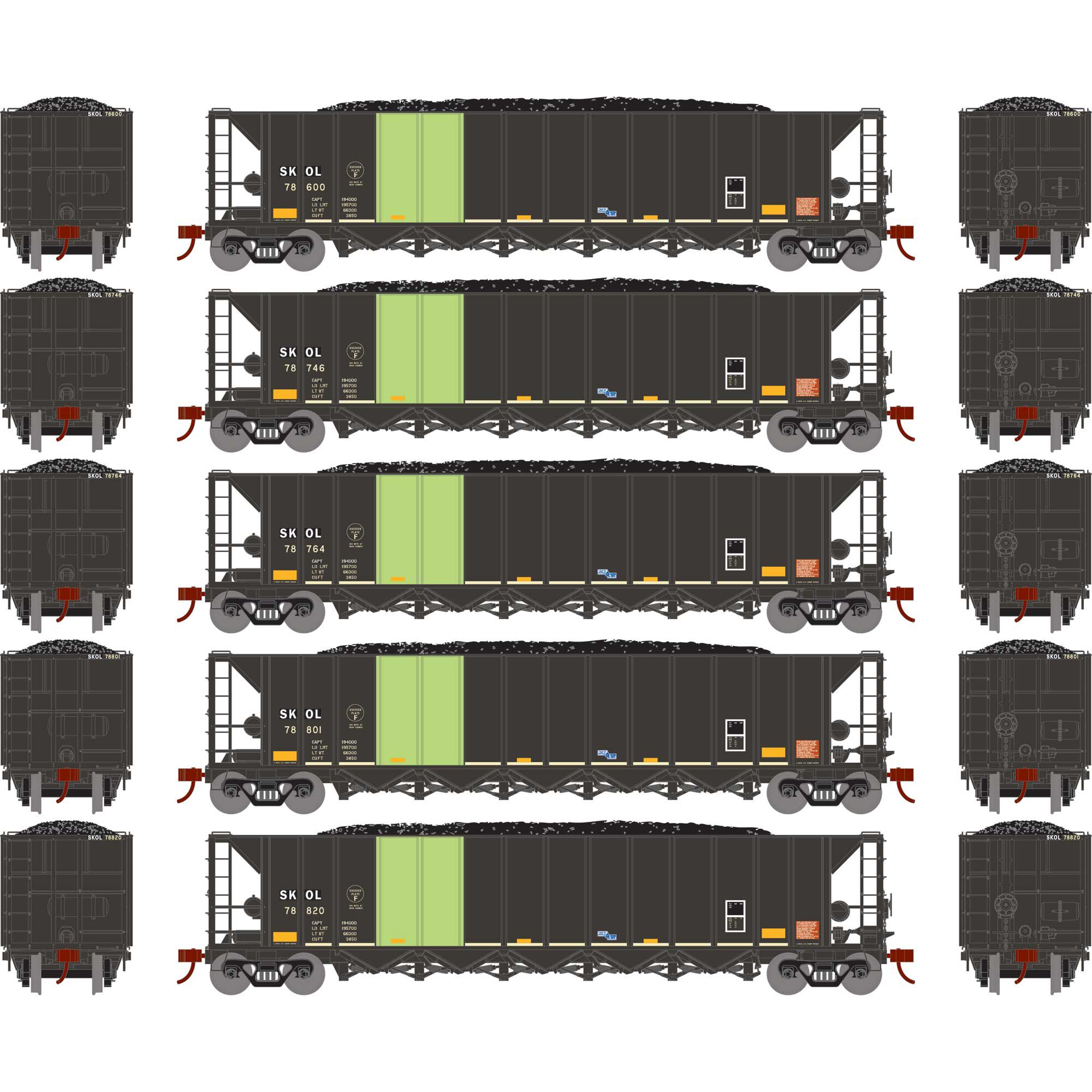 Athearn HO ATH-1105 Ortner 5-Bay Rapid Discharge Hopper SKOL #78600 / 78746 / 78764 / 78801 / 78820 5-Pack