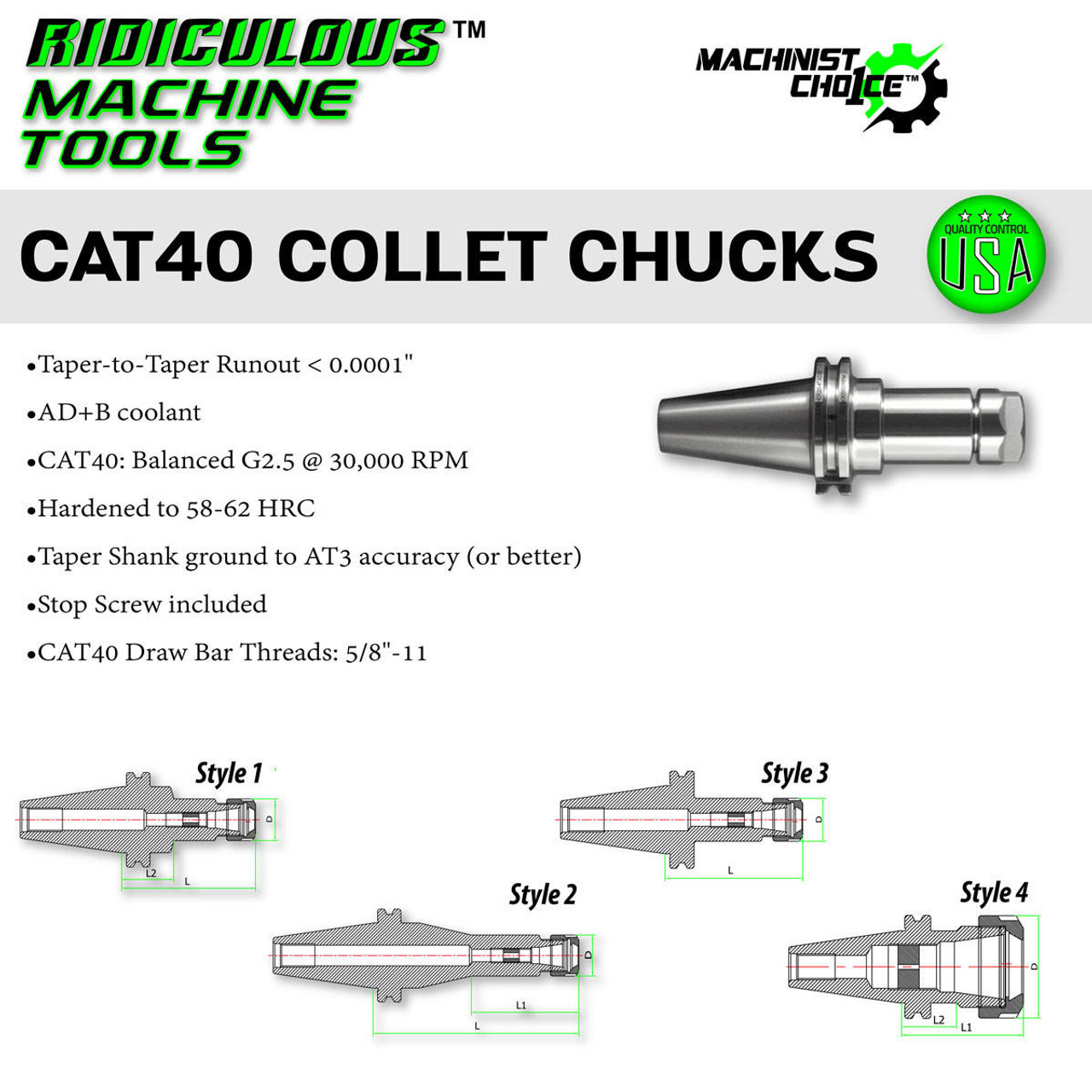 ER 16 CAT 40 COLLET CHUCK X 2.5"G 2.5 X 3万 RPM (0.0001 Machinist  Choice