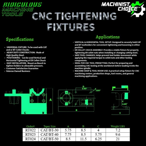 R.M.T. - Ridiculous Machine Tools CAT/BT CNC Tool Holder Tightening Fixtures – CAT30, CAT40 & CAT50 / BT30, BT40 & BT50 | Machinists Choice™ 
