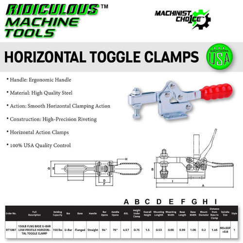 RMT - Ridiculous Machine Tools 150LB FLNG BASE U-BAR LOW PROFILE HORIZONTAL TOGGLE CLAMP (Same as 213-U) Machinist Choice