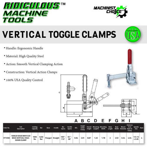 RMT - Ridiculous Machine Tools 1000LB SOLID BAR FLGD BASE VERTICAL HOLD-DOWN CLAMP (Same as 247-S) Machinist Choice
