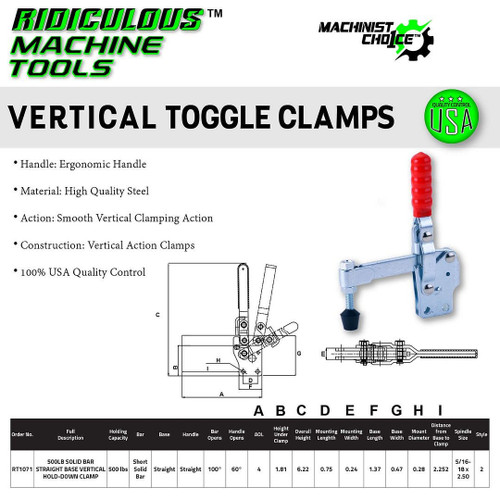 RMT - Ridiculous Machine Tools 500LB SOLID BAR STRAIGHT BASE VERTICAL HOLD-DOWN CLAMP (Same as 207-SB) Machinist Choice