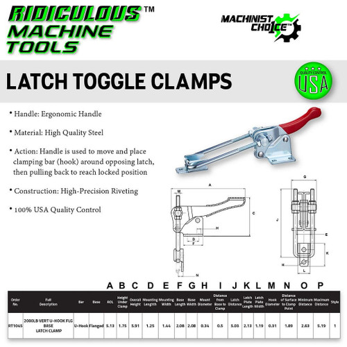 RMT 2000LB VERTICAL U-HOOK FLG BASE LATCH CLAMP (Same as 344) Machinist Choice