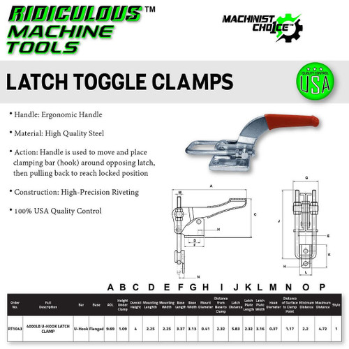 RMT - Ridiculous Machine Tools 4000LB U-HOOK FLG BASE LATCH CLAMP WITHOUT LATCH PLATE (Same as 375) Machinist Choice