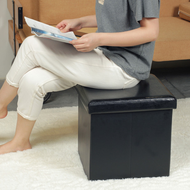 Vstara Folding Storage Ottoman Black Faux Leather Finish 38x38x37cm Vstara Folding Storage Ottoman Black Faux Leather Finish 38x38x37cm