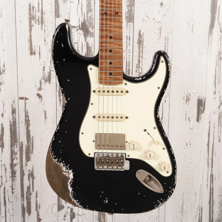 Xotic XSC-2 - Black w/ Heavy Aging, 5A Roasted Flame Maple Neck, HSS