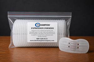 Bag of professional expression formers designed to support the lips, cheeks, and mandibular line for natural-looking facial expression during restoration and embalming preparation.