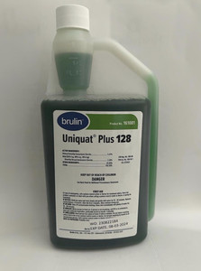 Uniquat Plus 128 disinfectant with detergent capability for general cleaning and sanitizing. Available in a 32 oz. pre-measured bottle.