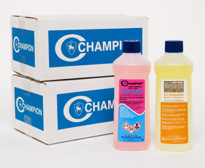 Champion Enhancement Kit featuring DI-SAN and Millennium New Era Beta Factor embalming fluids beside Champion shipping boxes on a clean white background. The kit is designed to improve fluid distribution, drainage, penetration, sanitation, and overall embalming performance.