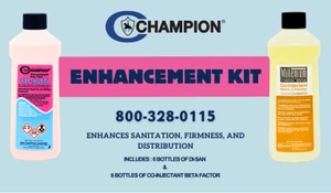 Champion Enhancement Kit featuring DI-SAN and Millennium New Era Beta Factor embalming fluids beside Champion shipping boxes on a clean white background. The kit is designed to improve fluid distribution, drainage, penetration, sanitation, and overall embalming performance.