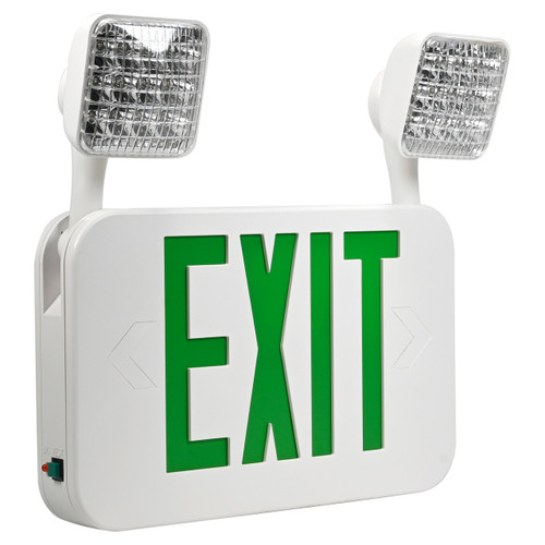 LED Combo Exit / Emergency Light - Rotatable Head - Green Letters - White Housing - Morris