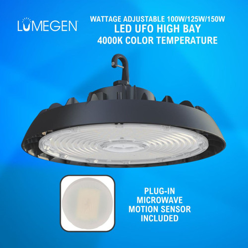 LED UFO High Bay - Wattage Adjustable 100W/125W/150W - 4000K - Plug-in Microwave Motion Sensor - LumeGen