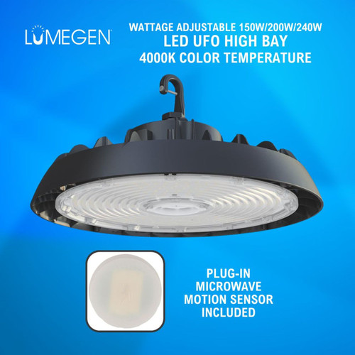 LED UFO High Bay - Wattage Adjustable 150W/200W/240W - 4000K - Plug-in Microwave Motion Sensor - LumeGen