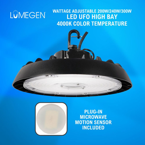 LED UFO High Bay - Wattage Adjustable 200W/240W/300W - 4000K - Plug-in Microwave Motion Sensor - LumeGen