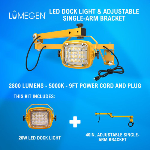 20W LED Dock Light - 40in. Adjustable Single-Arm Bracket - 2800 Lumens - 5000K - 9ft Power Cord and Plug