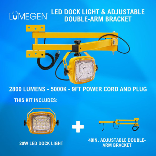 20W LED Dock Light - 40in. Adjustable Double-Arm Bracket - 2800 Lumens - 5000K - 9ft Power Cord and Plug