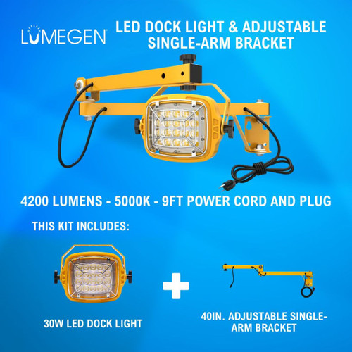 30W LED Dock Light - 40in. Adjustable Single-Arm Bracket - 4200 Lumens - 5000K - 9ft Power Cord and Plug