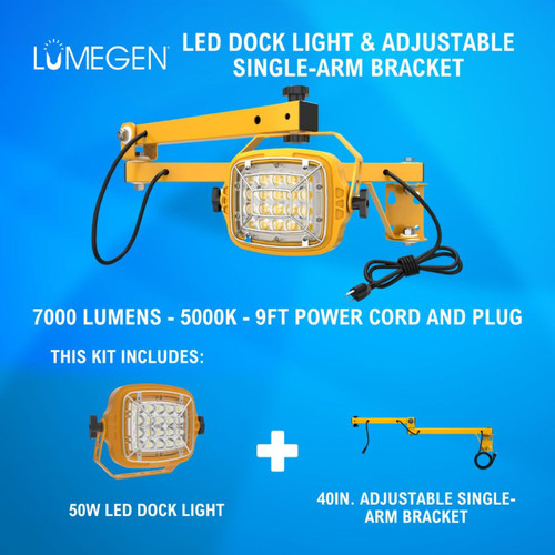50W LED Dock Light - 40in. Adjustable Single-Arm Bracket - 7000 Lumens - 5000K - 9ft Power Cord and Plug