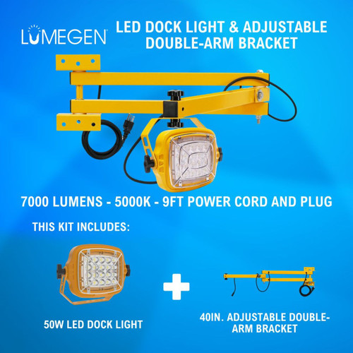 50W LED Dock Light - 40in. Adjustable Double-Arm Bracket - 7000 Lumens - 5000K - 9ft Power Cord and Plug