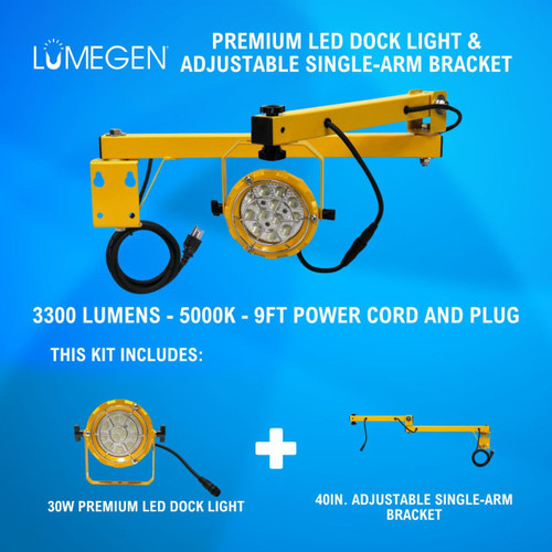 30W Premium LED Dock Light - 40in. Adjustable Single-Arm Bracket - 3300 Lumens - 5000K - 9ft Power Cord and Plug