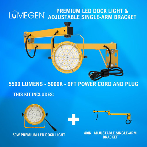 50W Premium LED Dock Light - 40in. Adjustable Single-Arm Bracket - 5500 Lumens - 5000K - 9ft Power Cord and Plug