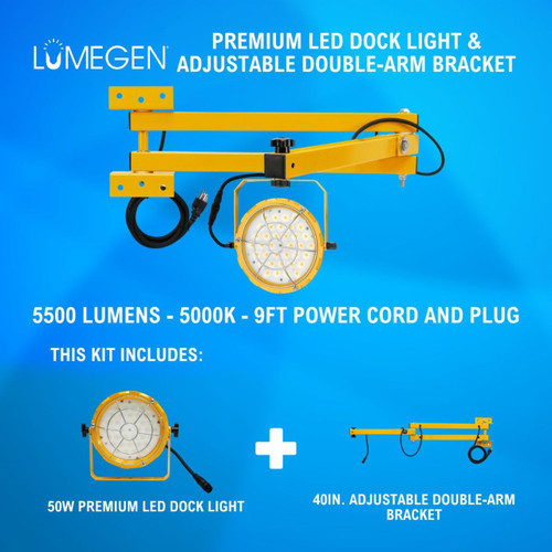50W Premium LED Dock Light - 40in. Adjustable Double-Arm Bracket - 5500 Lumens - 5000K - 9ft Power Cord and Plug